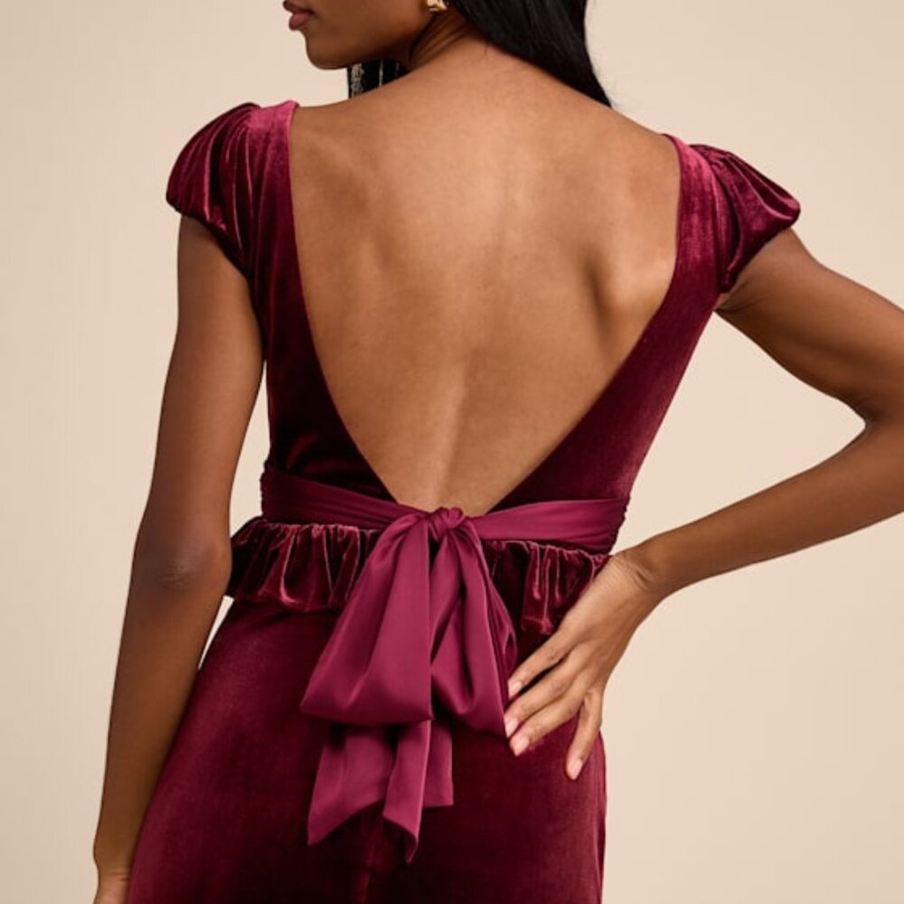 Lulus Romari Burgundy Velvet Ruffled Puff Sleeve Bow Maxi Dress Red - Size M